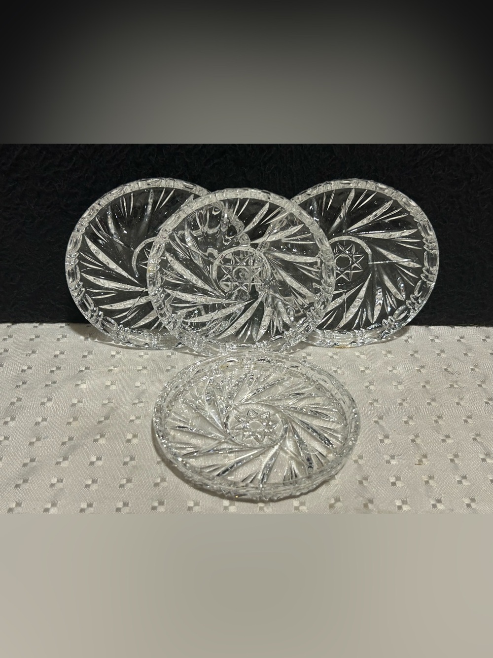 Set 4 Vintage Clear Glass Coasters Starburst Design 3 1/2" & 3 1/4 " Holder/Base